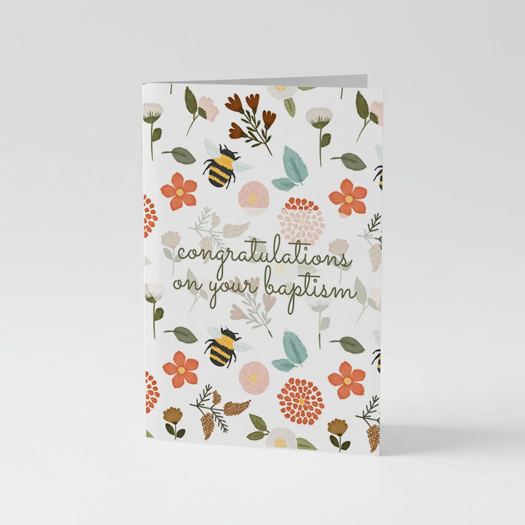 Congratulations on Your Baptism Card A6 Floral Bee Greeting Card
