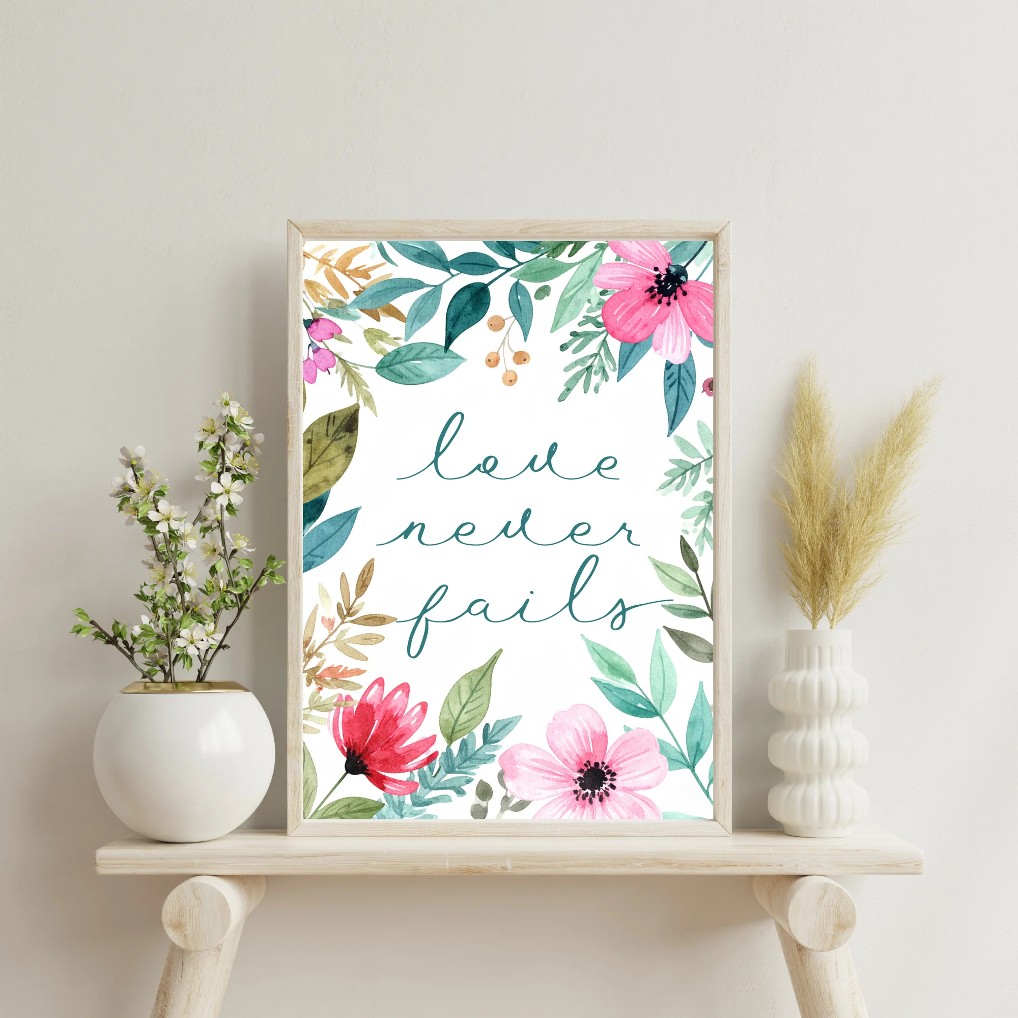 Love Never Fails Floral Scripture Wall Art, Print